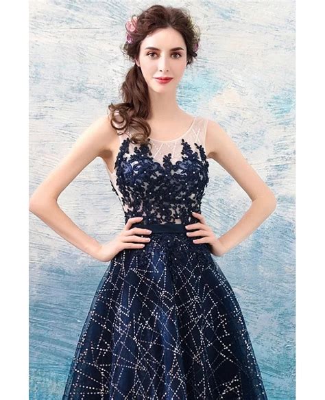 Sparkly Sequin Navy Blue Long Prom Dress With Lace Bodice Wholesale T69305