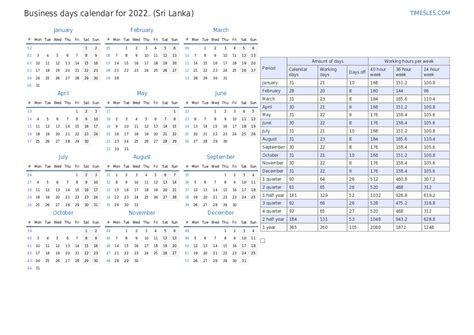 Business Days Calendar For 2022 With Holidays In Sri Lanka Print And