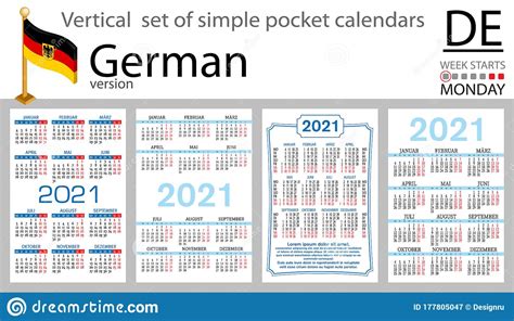 German Vertical Pocket Calendar For 2021 Stock Vector Illustration Of
