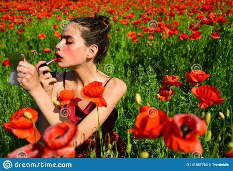 Beauty Woman Beautiful Model Girl With Poppy Stock Image Image Of Lips Lipstick 141557763