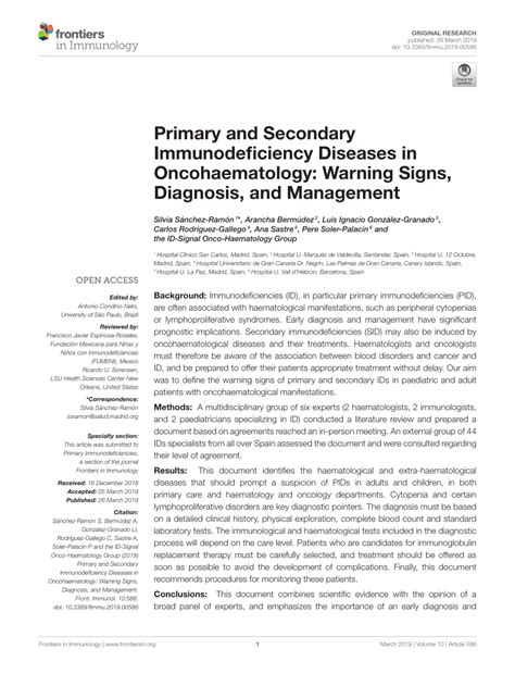 Pdf Primary And Secondary Immunodeficiency Diseases In