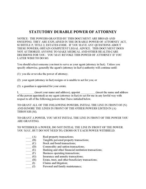 Free Texas Durable Statutory Power Of Attorney Form Pdf Word Eforms