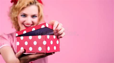 Smiling Woman With T Box Beautiful Girl With Present Box Woman In Red Dress Opening Pink