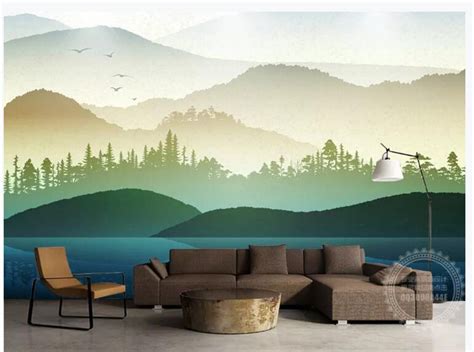 Ombre Mountains Trees Forest Mural Wallpaper Handpainted Pine Etsy