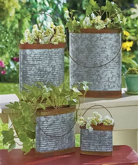 Set Of 4 Galvanized Metal Containers Rustic Country Planter Outdoor