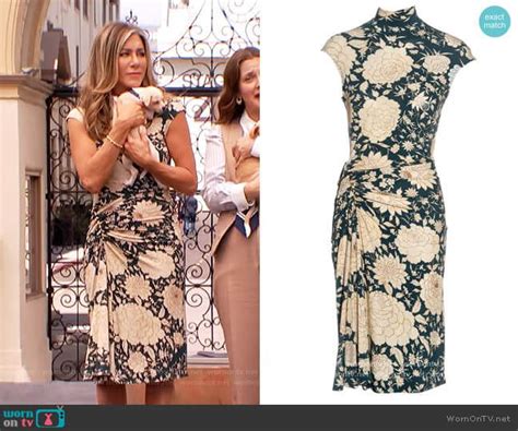 Jennifer Anistons Teal Floral Ruched Dress On The Drew Barrymore Show