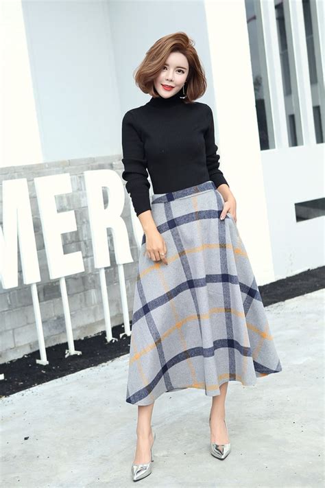 Korean Style Plaid Maxi Skirt For Woman Cmk102746
