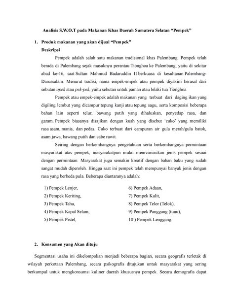 Analisa Swot Analisis S W O Pada Makanan Khas Daerah Sumatera Selatan
