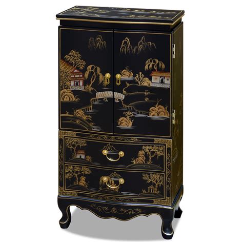 Black Lacquer Chinoiserie Court Yard Chinese Jewelry Armoire