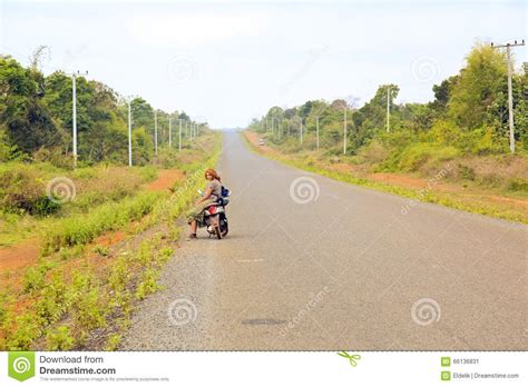 Girl On The Road With Her Motorbike Traveling Laos Stock Image - Image ...