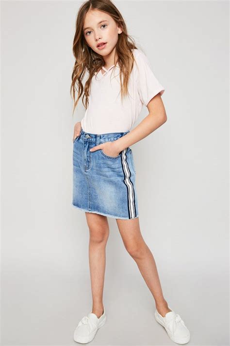 Side Stripe Denim Mini Skirt Tween Fashion Outfits Girls Fashion Clothes Girls Denim Skirts