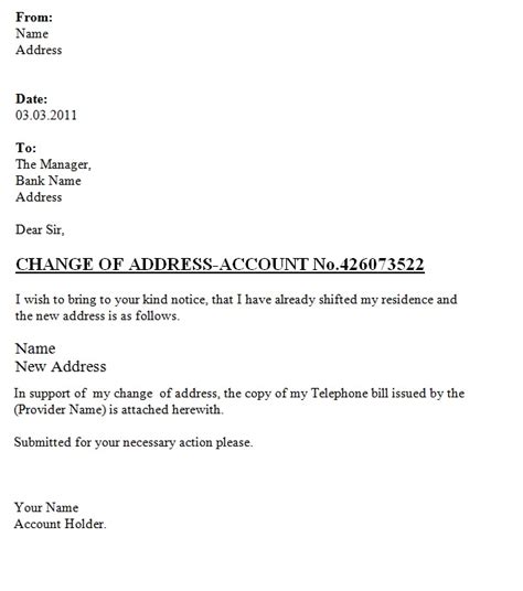 My salary account is changed and i need to inform my head office. Change Of Address Letter To The Bank ~ Template Sample