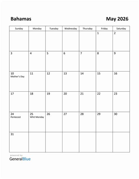 Free Printable May 2026 Calendar For Bahamas