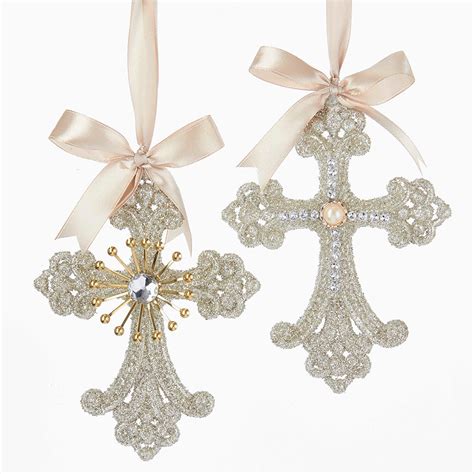 Vintage Glamour Cross Ornaments Platinum Glitter Crosses With Jewels