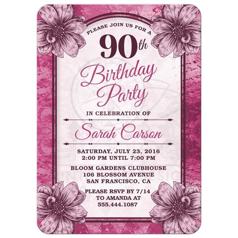 90th Birthday Party Invitations Fuchsia Flowers
