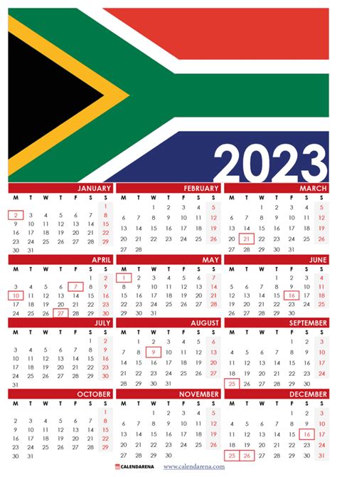 2023 Year At A Glance Calendar With South Africa Holidays Free 2023