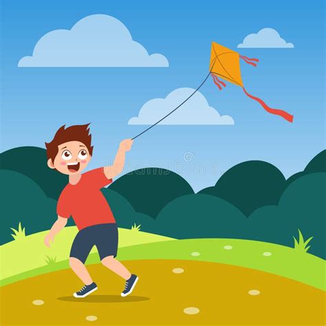 A Boy Fly A Kite Cartoon Vector Illustration Stock Vector