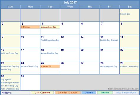 July 2017 Us Calendar With Holidays For Printing Image Format