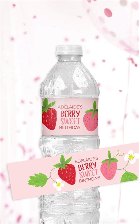 Strawberry Water Bottle Labels For A Girl Birthday Party Personalize