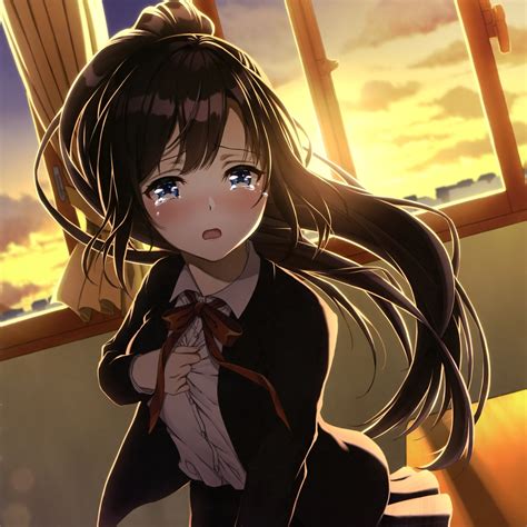 Wallpaper Anime Girl Brown Hair Sunset Sad Face Classroom School