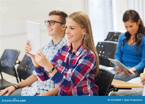 Group Of Smiling Students With Tablet Pc Stock Photo Image Of