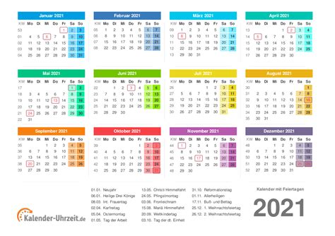 Jahreskalender 2021 Zum Ausdrucken Mit Feiertagen Kalender 2021