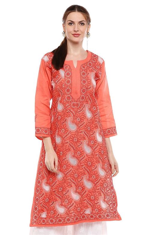 Red Chikankari Kurti For Woman Ladies Girl Hand Embroidery Allover