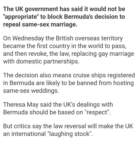 the uk will do nothing to attempt to block bermuda s new law which repeals same sex marriage r