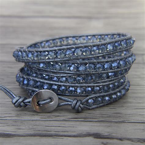 Boho Blue Crystal Beads Bracelet Leather Boho Wrap Bracelet Blue Beads