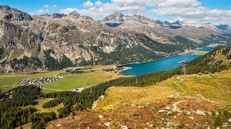 View From Furtschellas At Engadine Valley Torwards Silvaplana Grisons