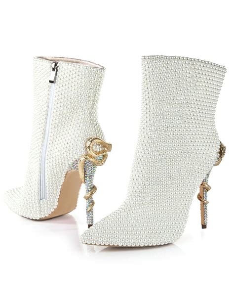 High Heel Booties Women Ankle Boots Pointed Toe Pearls Detail Ankle