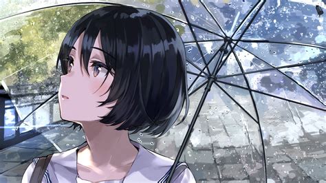 Download 2400x1350 Anime Girl Raining Transparent Umbrella Short