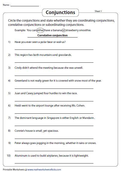 Conjunctions Worksheet With Answers
