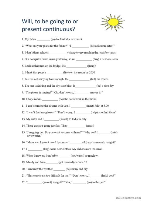Will Be Going To Or Present Continu English Esl Worksheets Pdf Doc