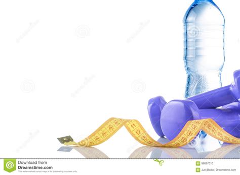 Fitnes Symbols Blue Dumbbells A Bottle Of Water And A Towel The