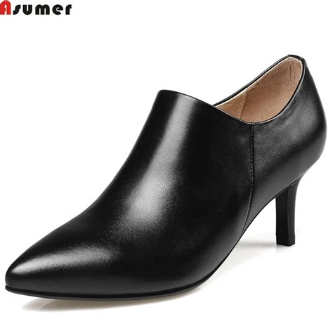 Asumer Black Beige Fashion Spring Autumn Pumps Shoes Woman Pointed Toe Zip Women Genuine Leather