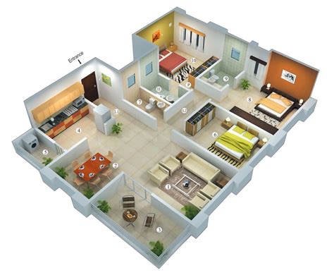 We're happy to show you hundreds of small house plans in every exterior style you can think of! 25 More 3 Bedroom 3D Floor Plans | House blueprints, 3d ...