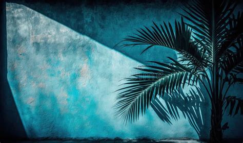A Palm Tree Casts A Shadow On A Wall With A Blue Background Stock
