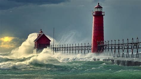 Hd Wallpaper Wind Wave Lighthouses Grand Haven South Pier United