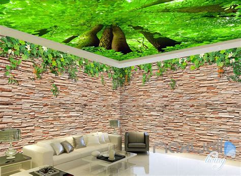 3d Brick Wall Tree Top Ceiling Entire Living Room Wallpaper Mural Deco