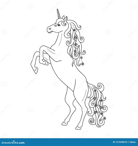 Isolated Black Outline Rearing Unicorn On White Background Side View