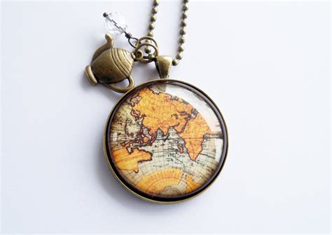 Large Globe Necklace Antique World Map Pendant Necklace