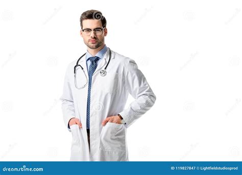 Confident Male Doctor Wearing White Coat With Stethoscope Stock Image