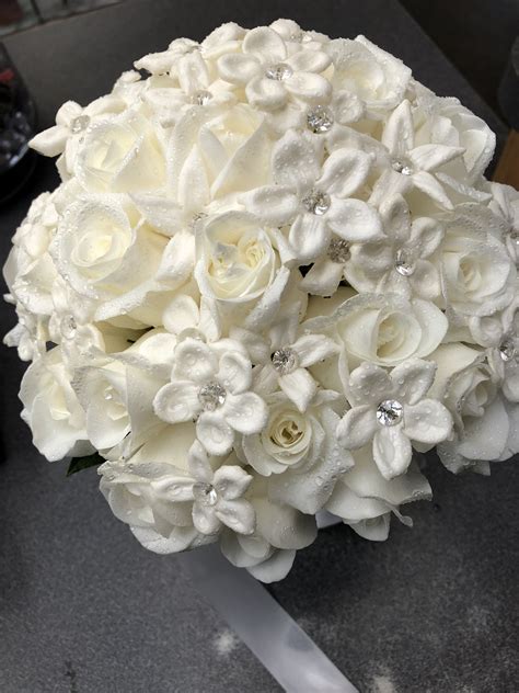 Priscillas Bridal Bouquet White Roses With Stephanotis And Bling