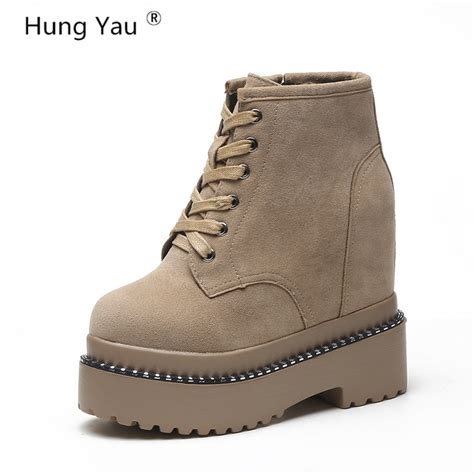 Hung Yau Shoes For Women Thick Bottom Round Toe Boot Lace Up Lady Ankle Martin Boots Winter Warm