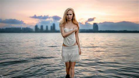 Wallpaper Sunlight Women Model Blonde Sunset Sea Blue Eyes Dress Georgy Chernyadyev