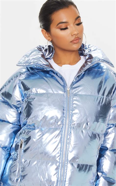 Blue Metallic Puffer Coats And Jackets Prettylittlething Ie