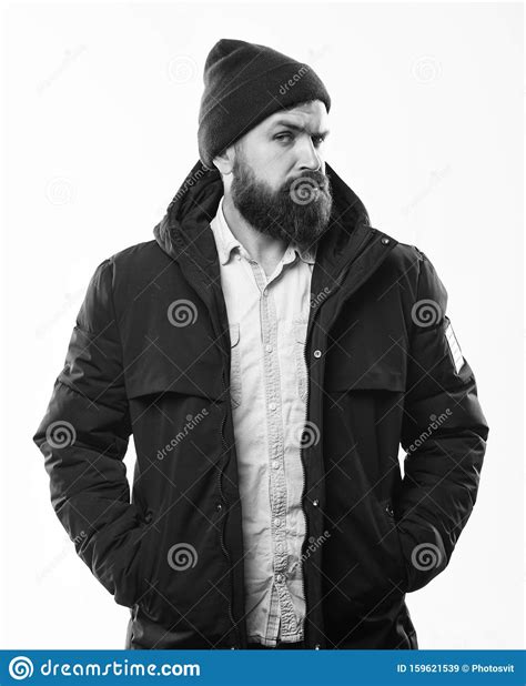 Hipster Modern Fashion. Guy Wear Hat And Black Winter Jacket. Hipster Style Menswear. Hipster ...