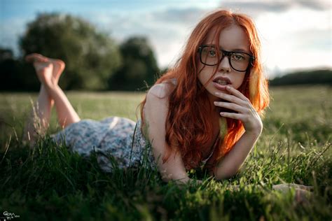 Wallpaper Sunlight Women Outdoors Redhead Model Women With Glasses Grass Georgy