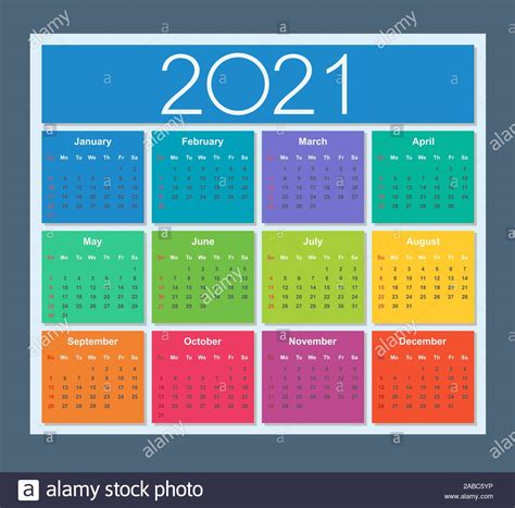 Colorful Calendar For Year 2021 Week Starts On Sunday Isolated Vector